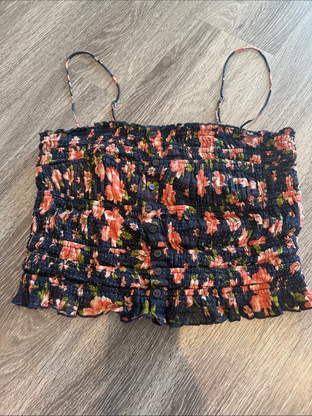 Free People Black Floral Smocked Crop Tank with Coral Flowers